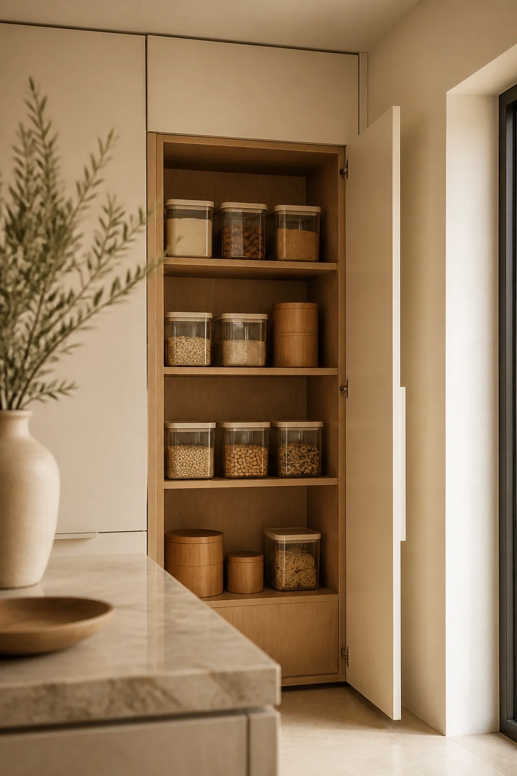 A considered cream pantry with glass vessels and bamboo