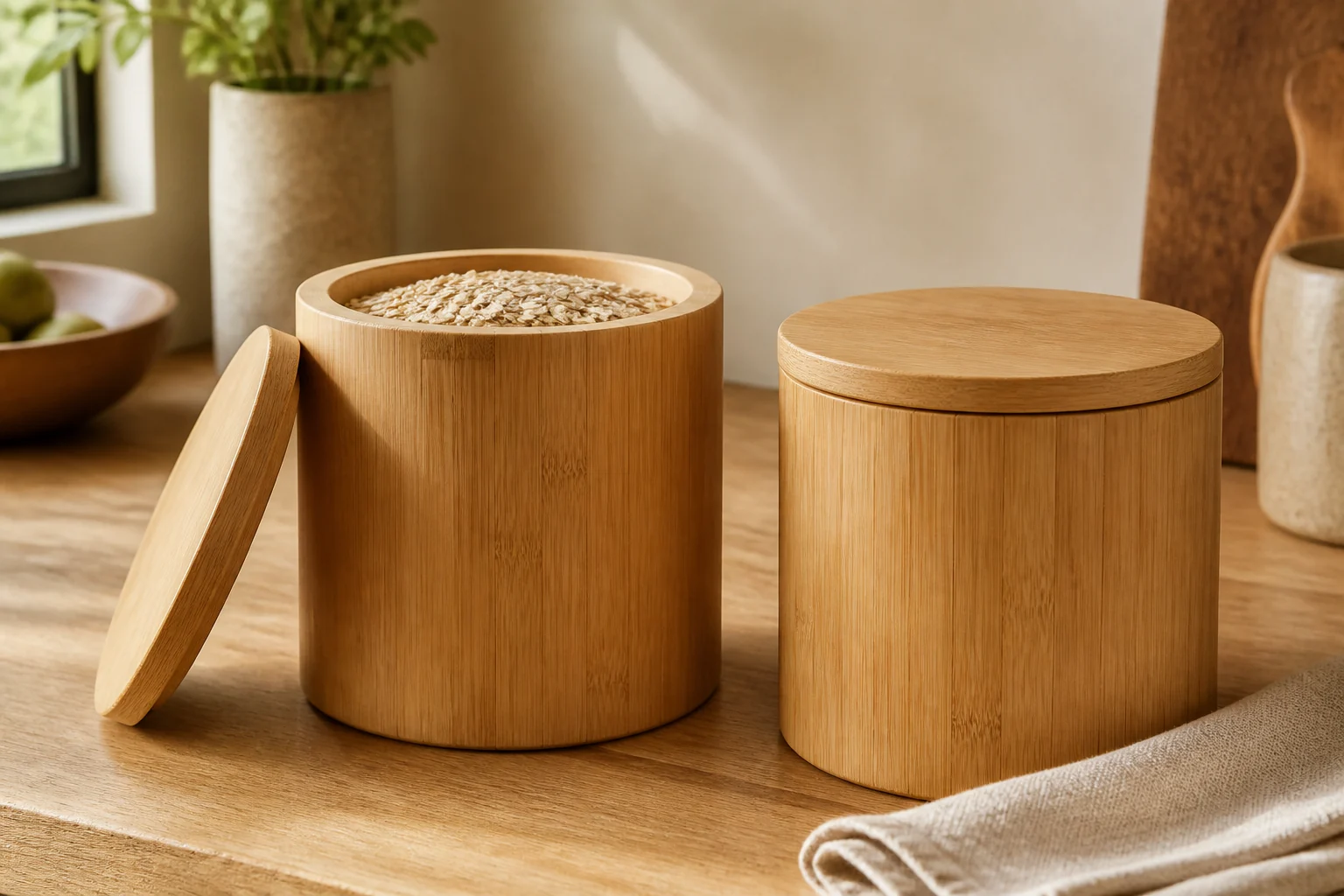 Natural bamboo kitchen canisters on oak