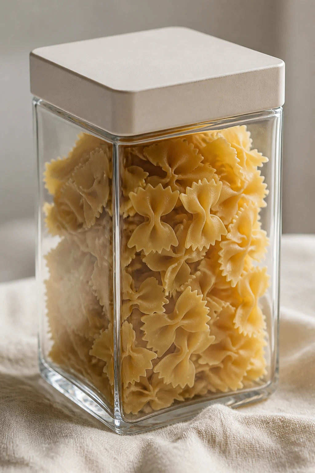 Clear glass pantry vessel filled with pasta