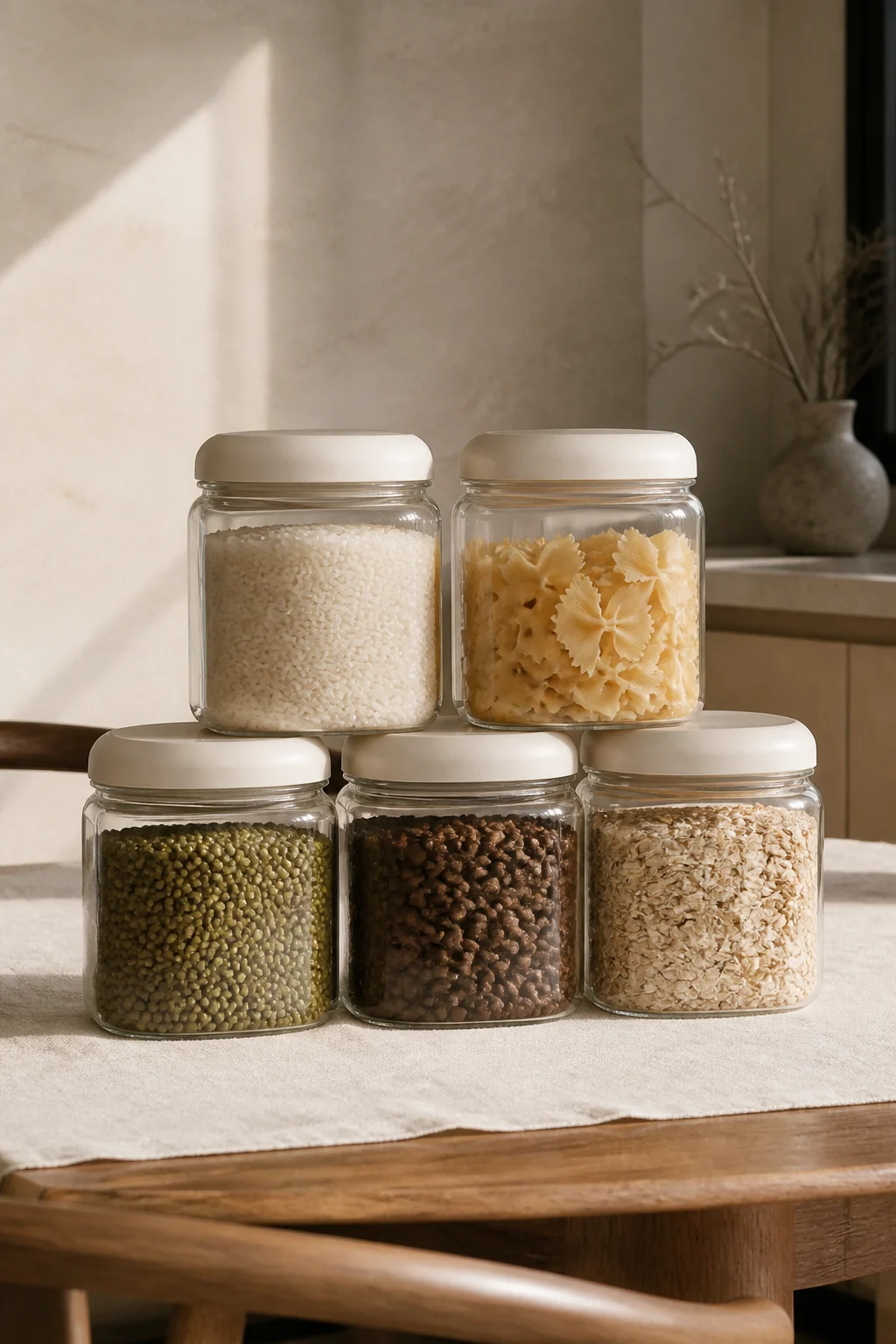 Glass pantry vessels on cream linen — redefined. homes