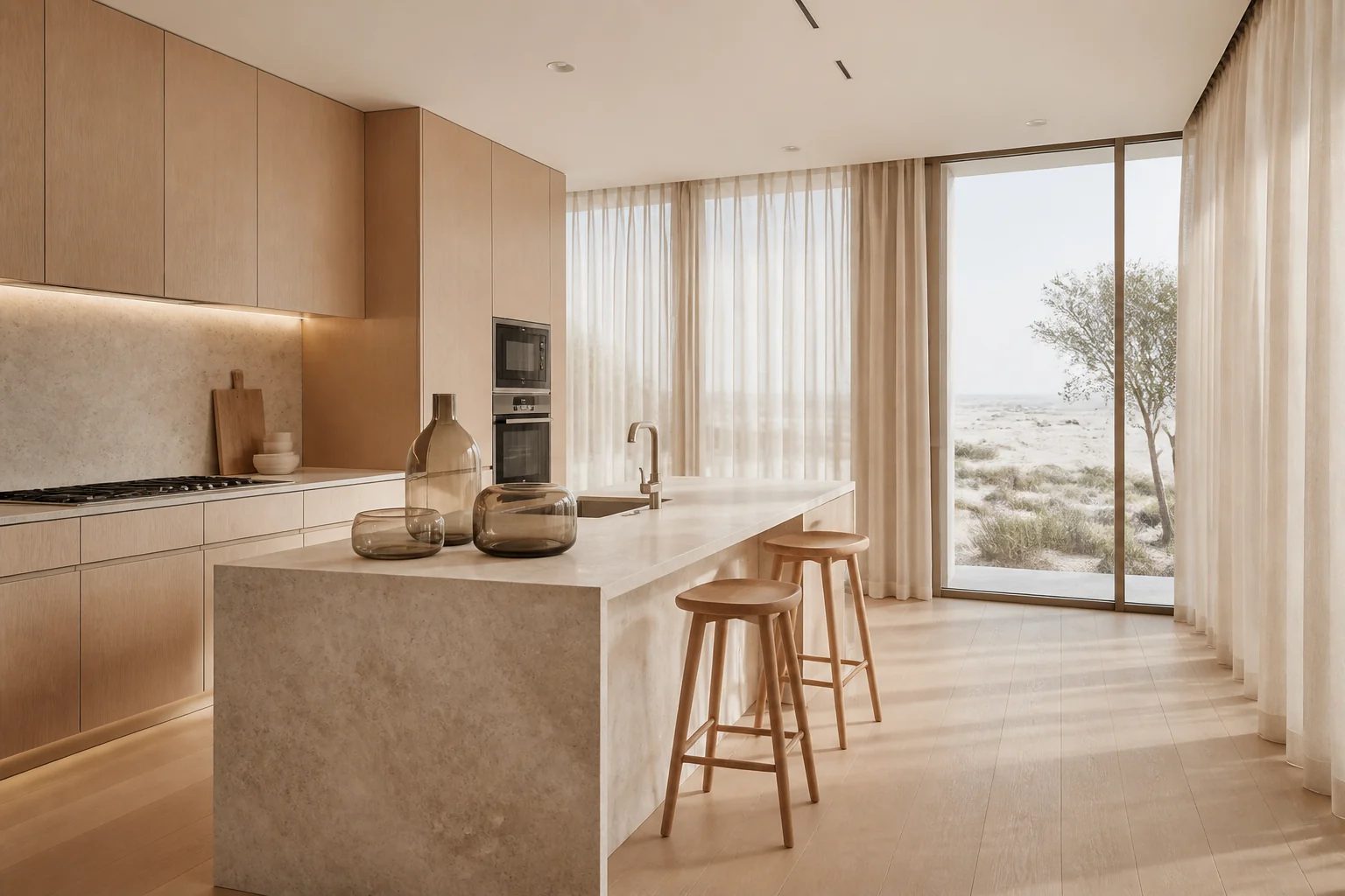 A quiet contemporary kitchen in Dubai morning light