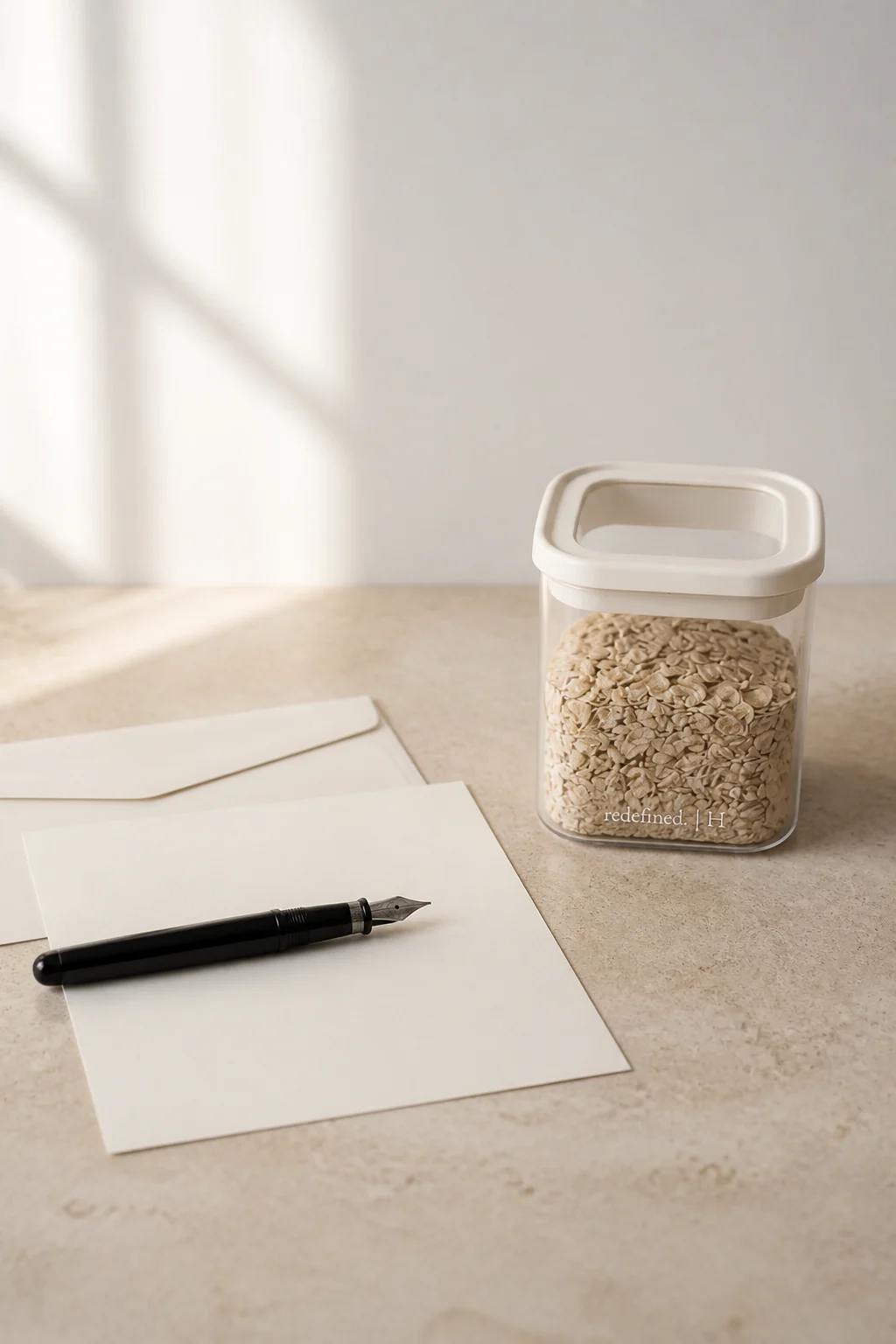 A writing desk beside a window, with a square cream-lid vessel