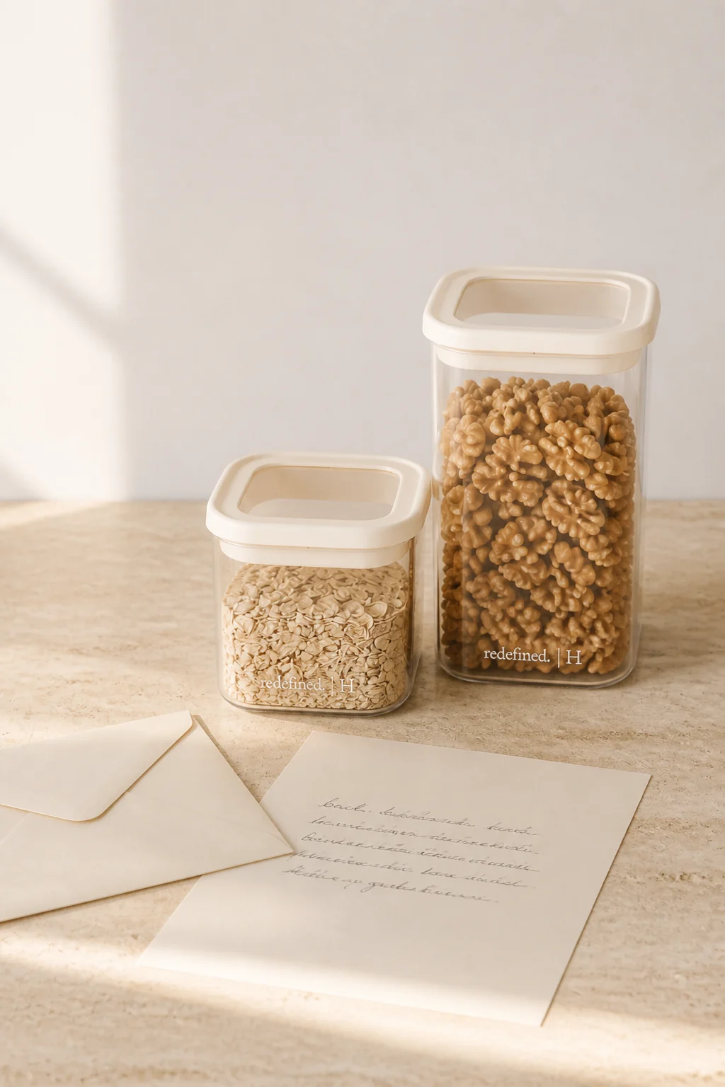 A quiet writing table with square cream-lid vessels — redefined.homes