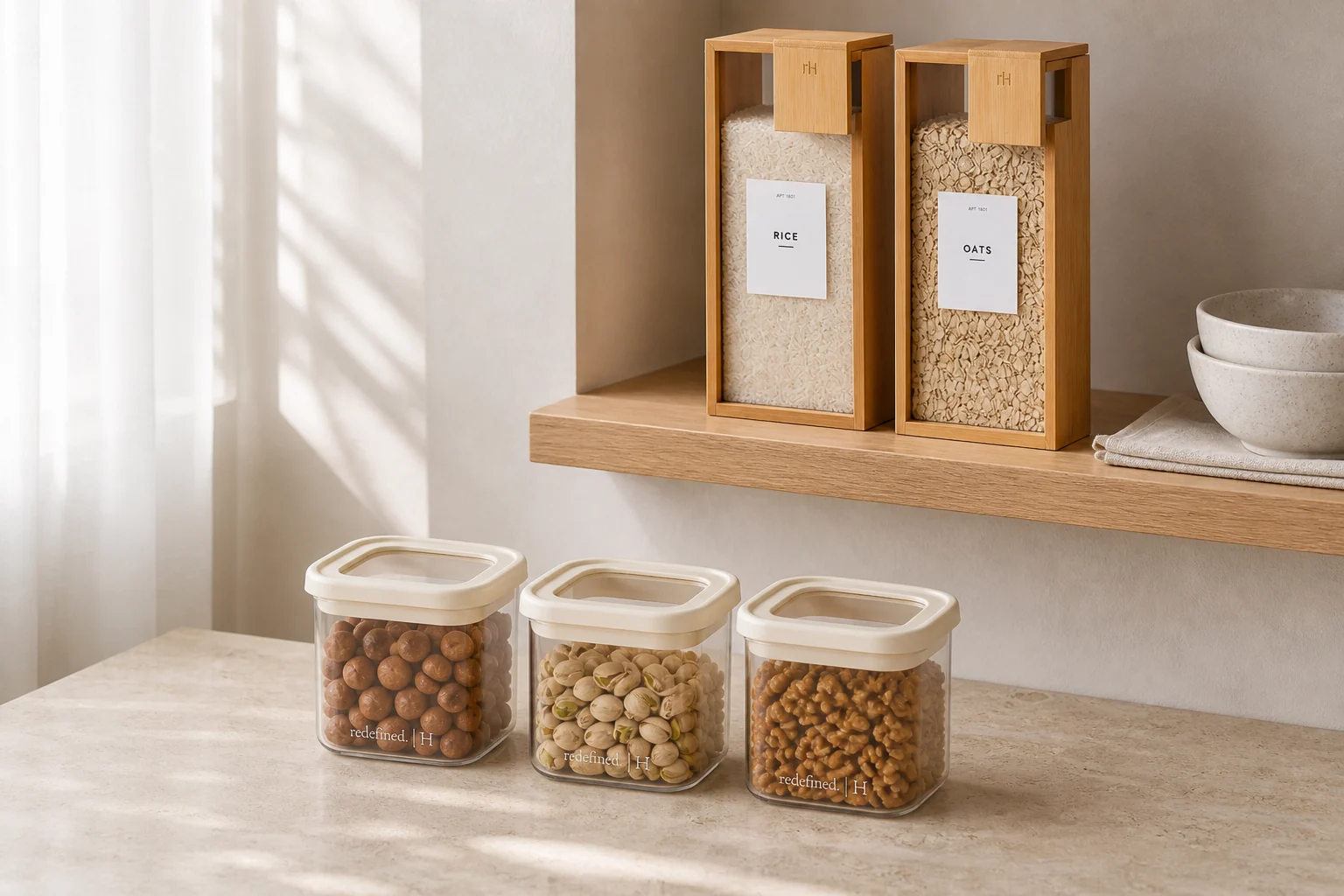 A considered Dubai pantry with vessels and bamboo cereal boxes