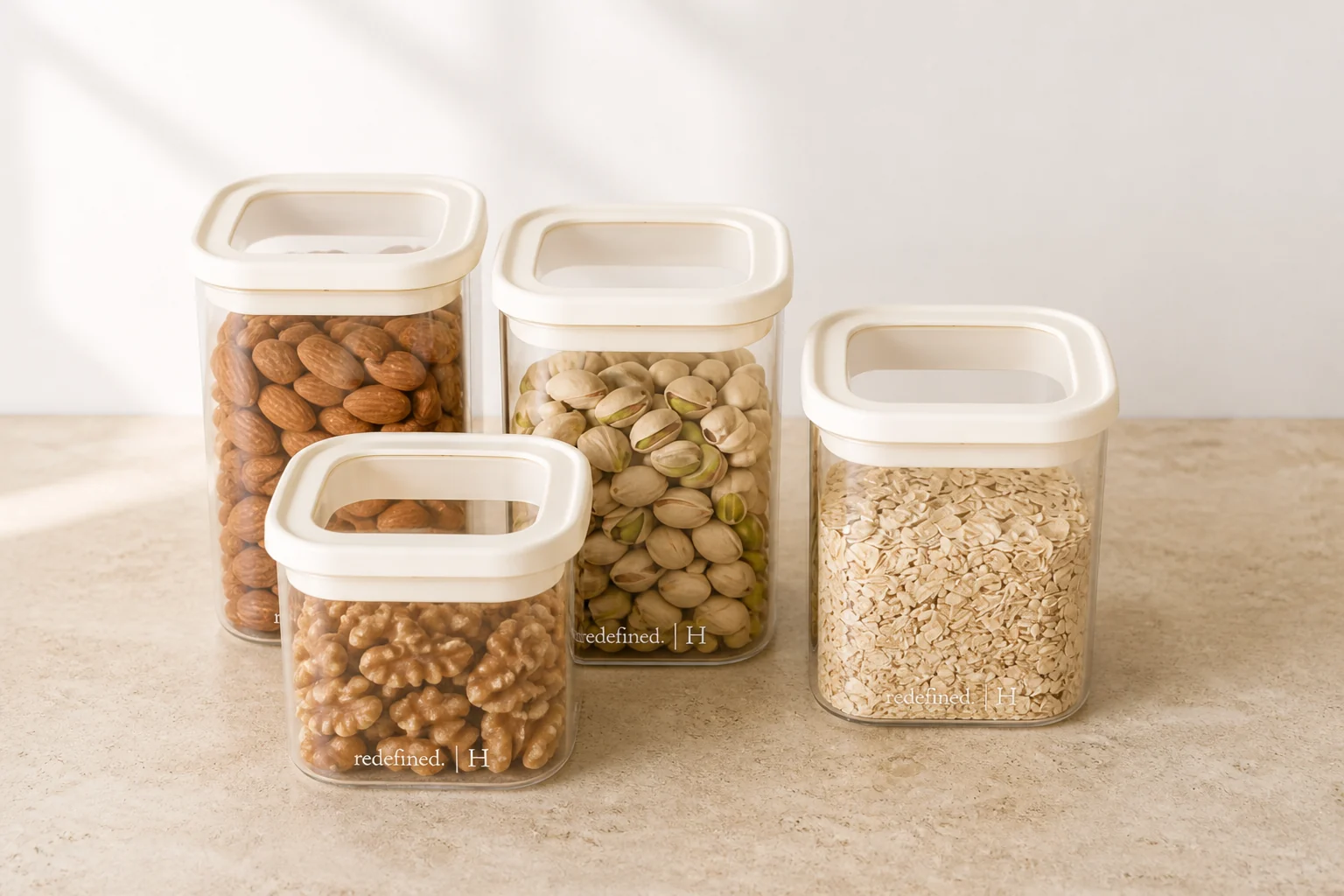 Square cream-lid pantry vessels on cream stone