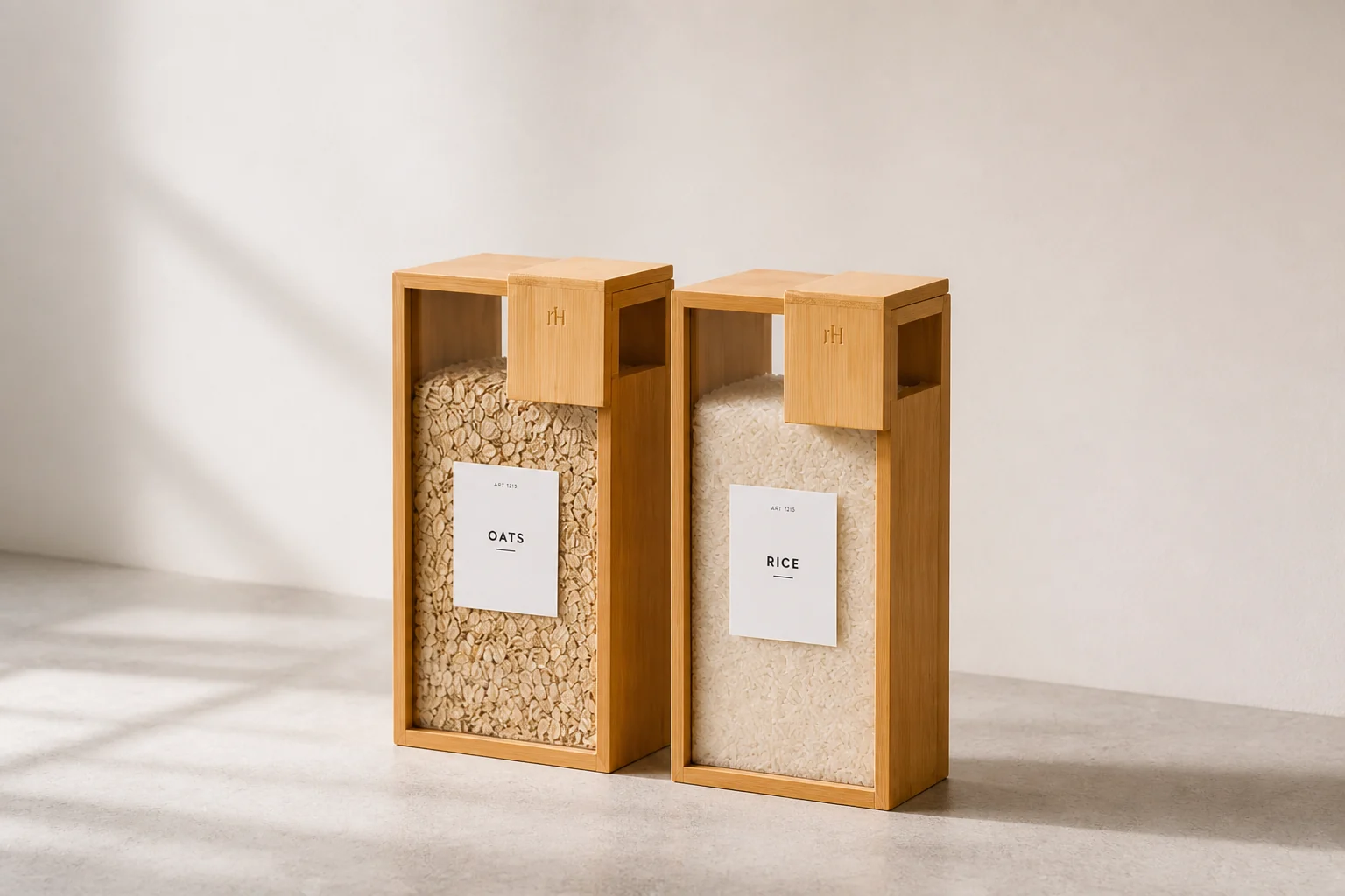 Bamboo cereal boxes on a limestone counter — redefined.homes