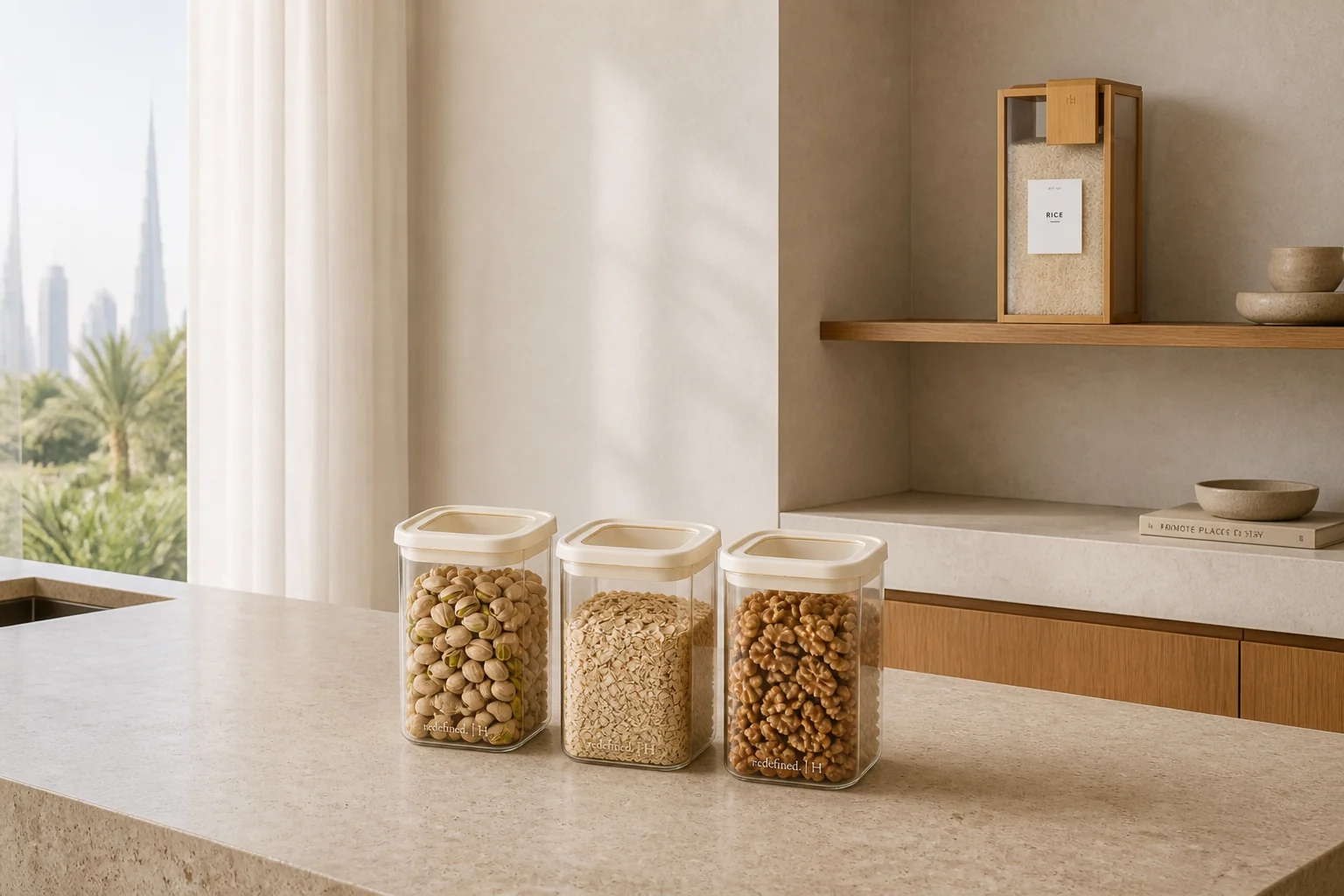 A considered Dubai kitchen with vessels and a bamboo cereal box