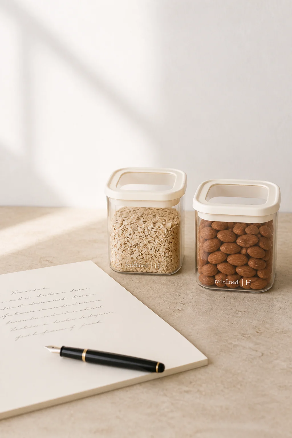 A writing table with square cream-lid vessels — redefined.homes Journal