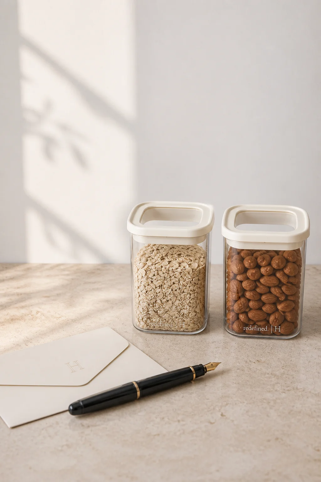 A consultation desk beside square cream-lid vessels