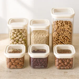 six beige glass pantry storage vessels Dubai — The Essentials by redefined. homes